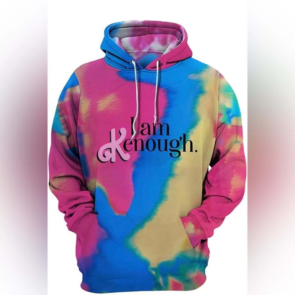 I Am Kenough Tie-Dye Hoodie - Bright Pink Blue Yellow XXL